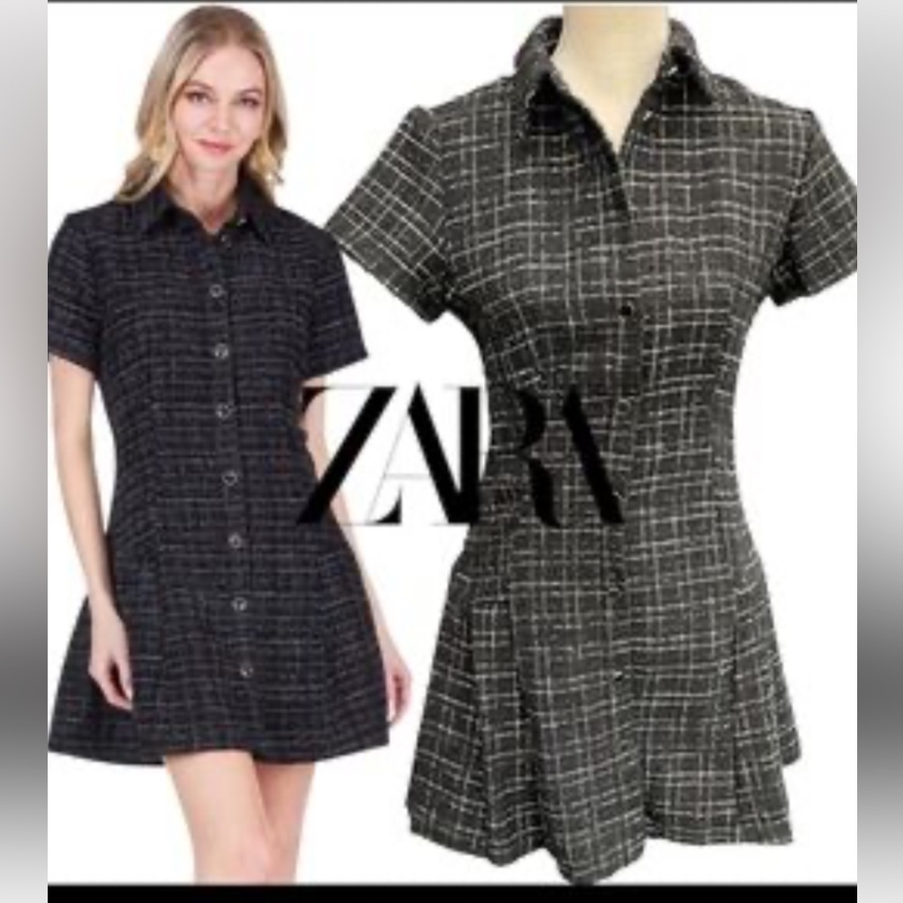 Zara Boucle Sparkle Shirt Dress Mini Black Twee Pleated Drop Waist Preppy SZ SM